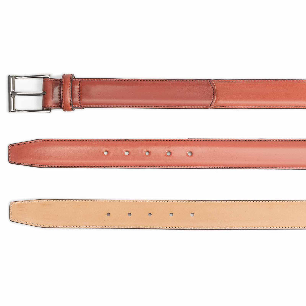 Meermin ruby shell cordovan belt, three-strap comparison showing buckle end, punched holes, and natural leather reverse side