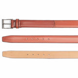 Meermin ruby shell cordovan belt, three-strap comparison showing buckle end, punched holes, and natural leather reverse side