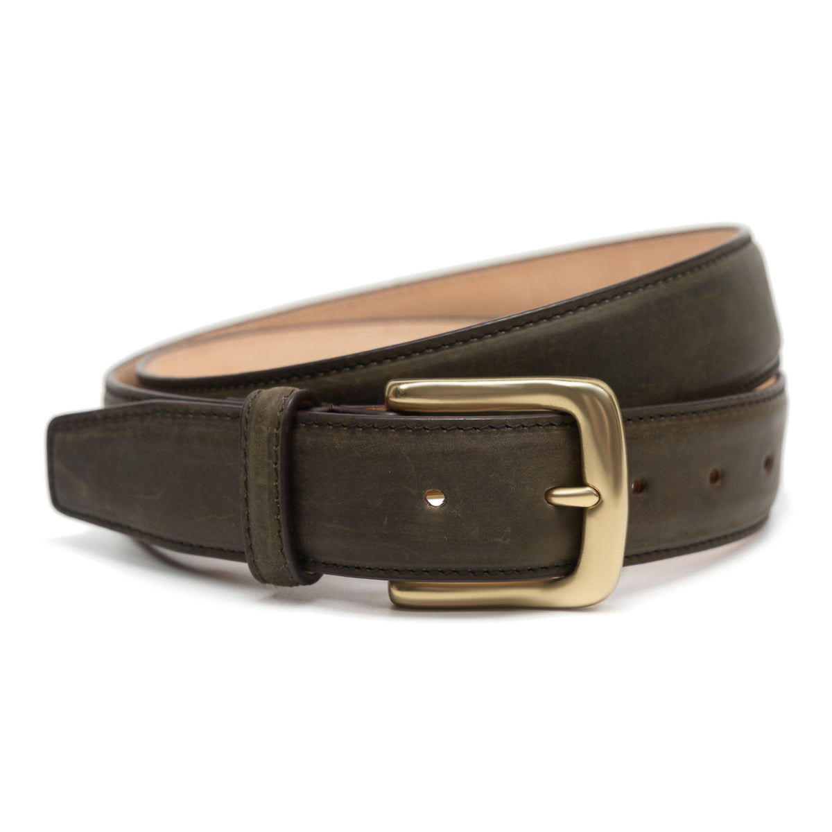 Meermin caper green waxy shell cordovan belt, coiled, showing solid brass buckle and stitched keeper loop