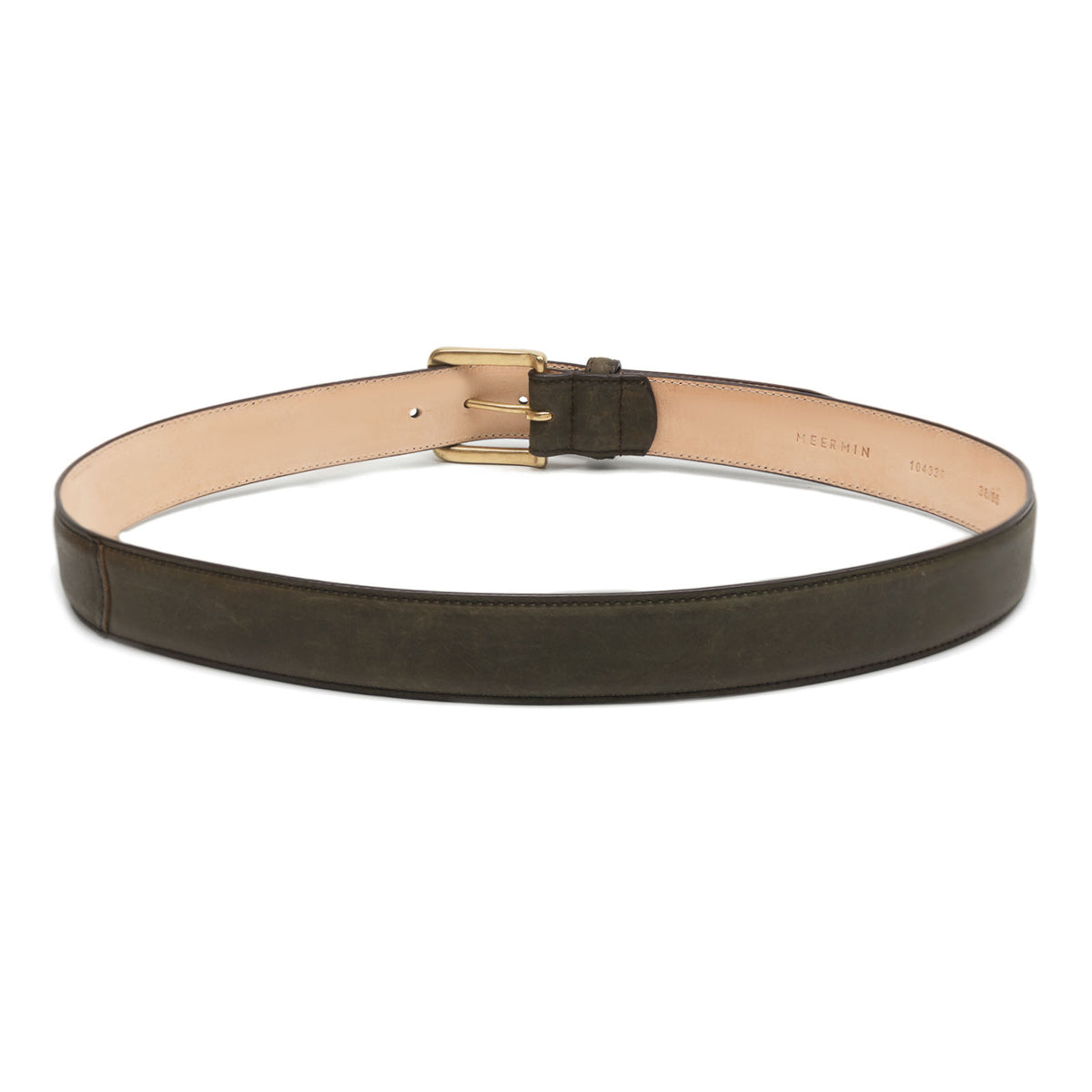 Meermin caper green shell cordovan belt, coiled overhead view showing brass buckle and natural leather lining