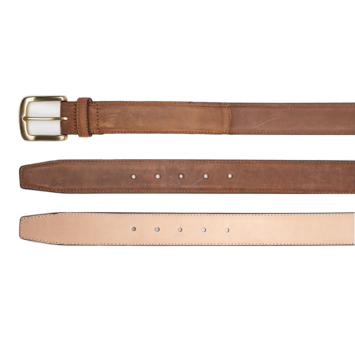 Meermin tobacco shell cordovan belt, three views showing buckle, strap holes, and natural calfskin lining