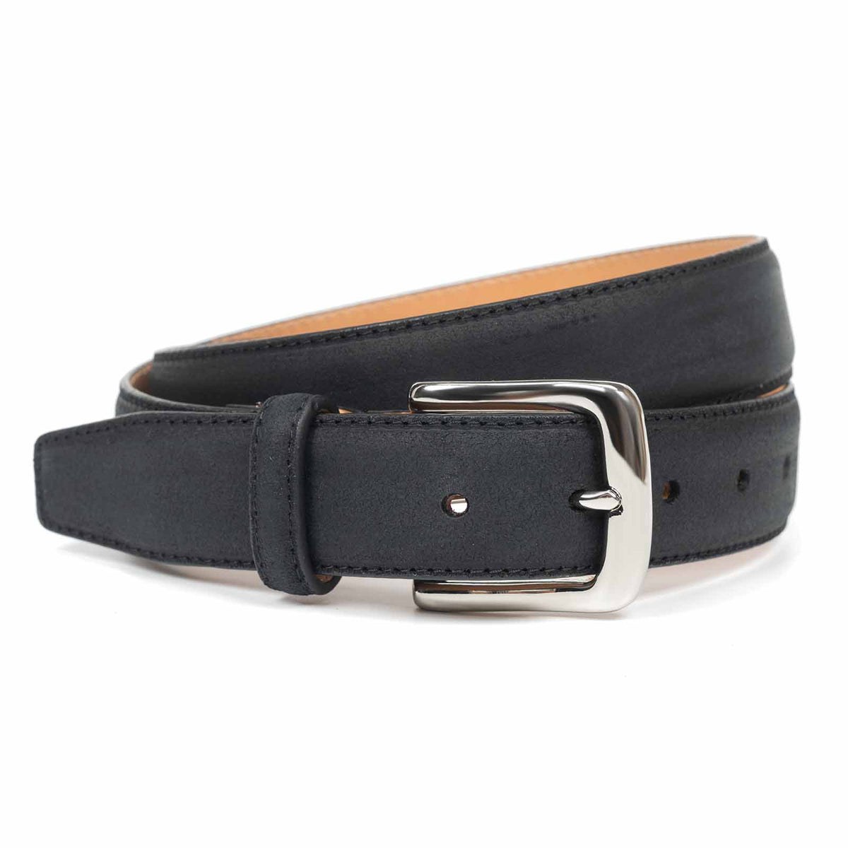 Meermin black waxy commander leather belt, coiled, showing nickel-plated solid brass buckle and stitched keeper loop