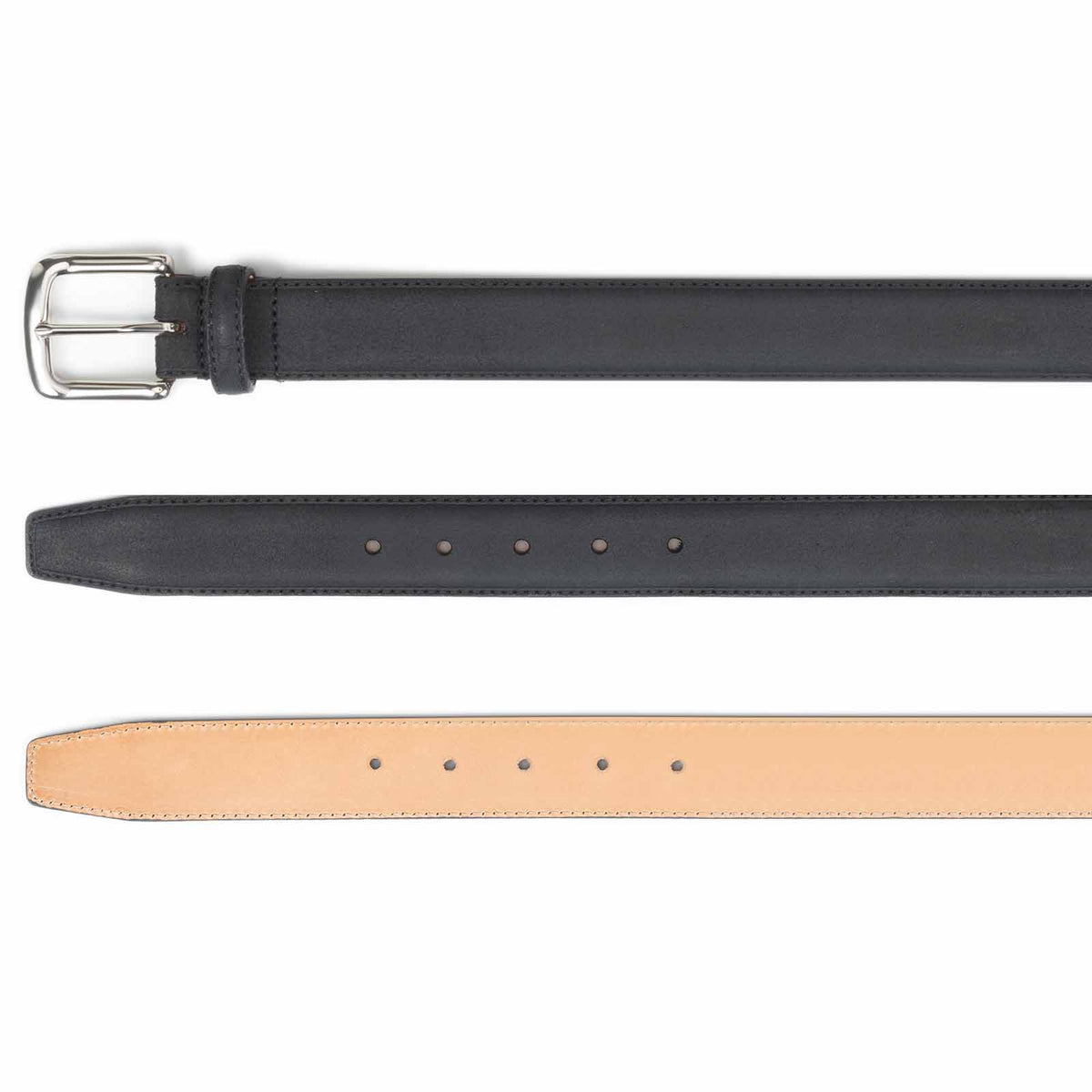 Meermin black waxy commander belt, three-view comparison showing buckle end, adjustment holes, and natural calfskin lining reverse