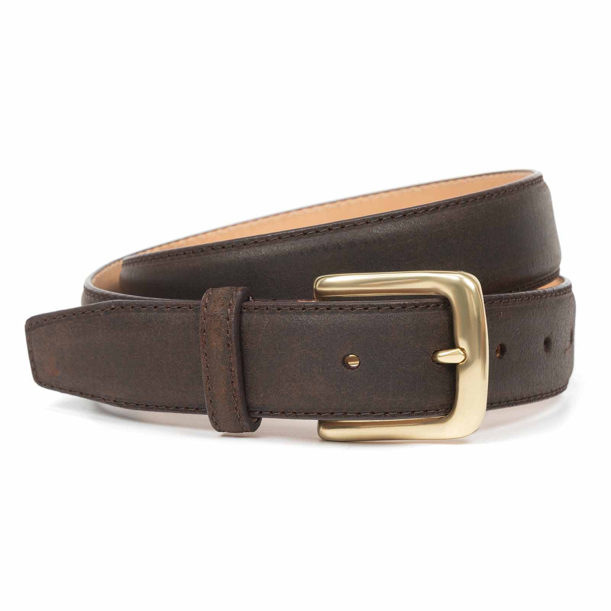 Meermin rust waxy commander leather belt, coiled, showing solid brass buckle and stitched keeper in close-up