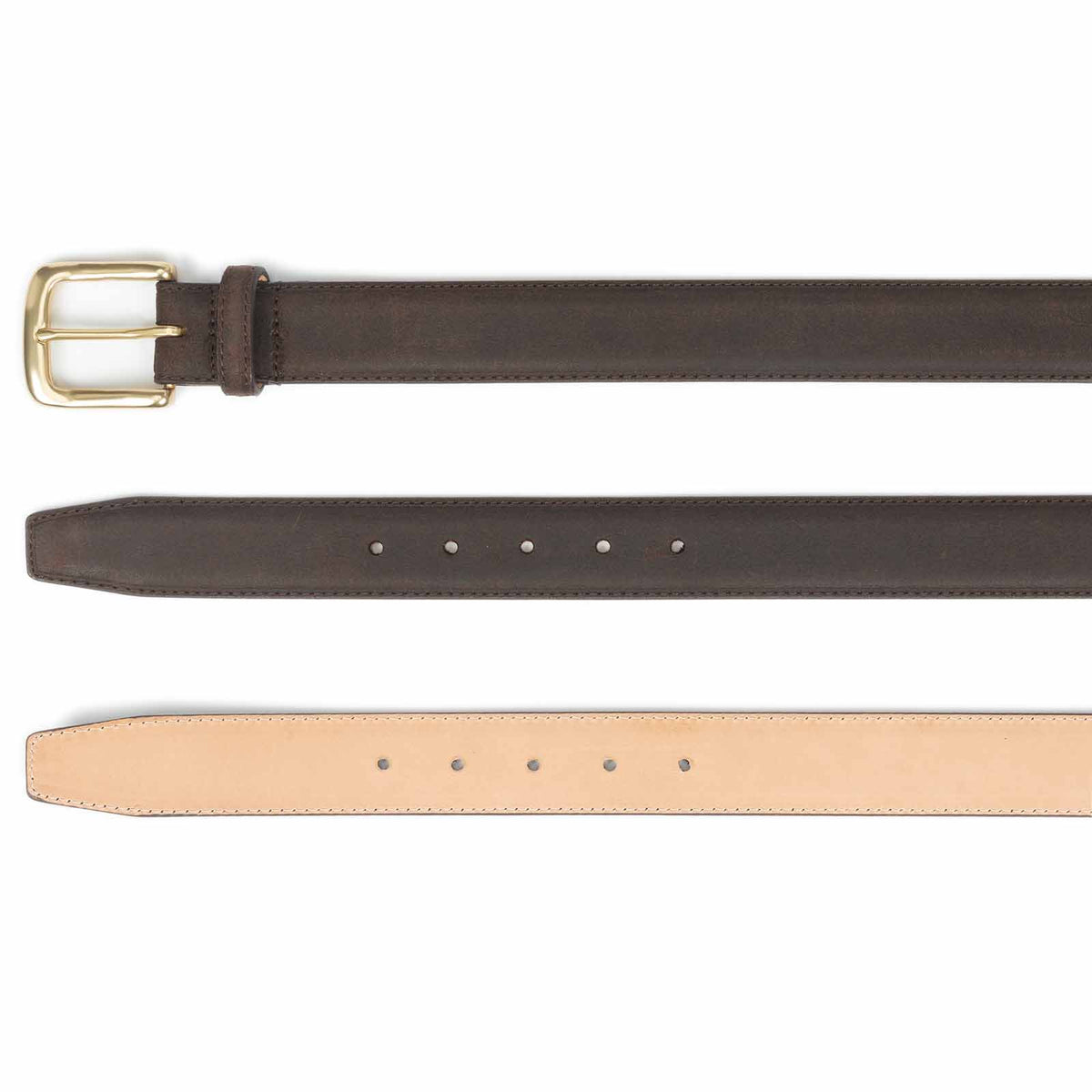 Meermin rust waxy commander belt, buckle end, underside with hole punches, and natural calf leather lining shown top to bottom