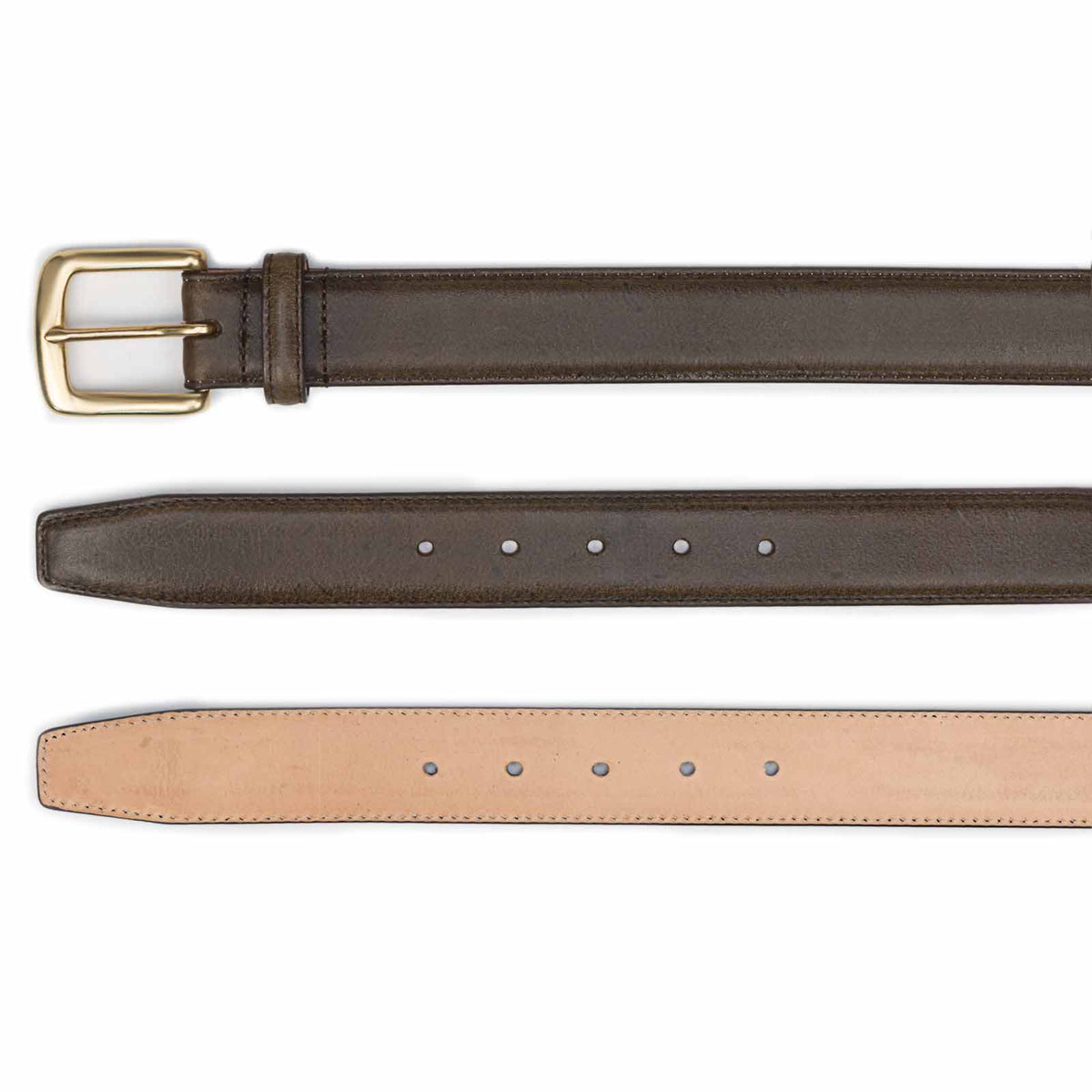 Meermin caper green naked kudu belt, three views showing brass buckle, hole punches, and vegetable-tanned leather lining