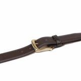 Meermin brown scotchgrain leather belt, close-up on solid brass buckle and keeper loop