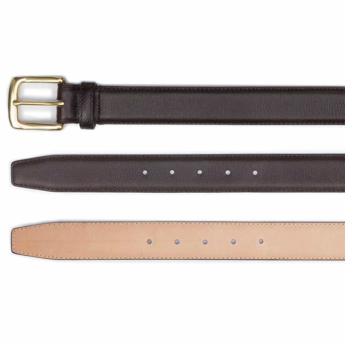 Meermin brown scotchgrain belt, three views: buckle end with brass hardware, punched holes, and tan leather underside