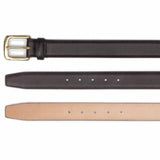 Meermin brown scotchgrain belt, three views: buckle end with brass hardware, punched holes, and tan leather underside