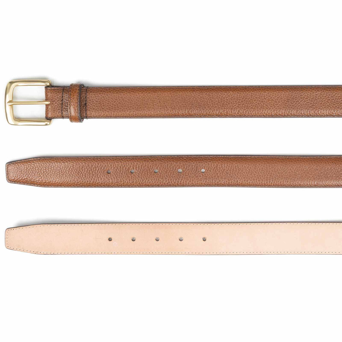 Meermin cognac pebble grain belt, three views showing buckle end, grain texture with adjustment holes, and natural leather underside