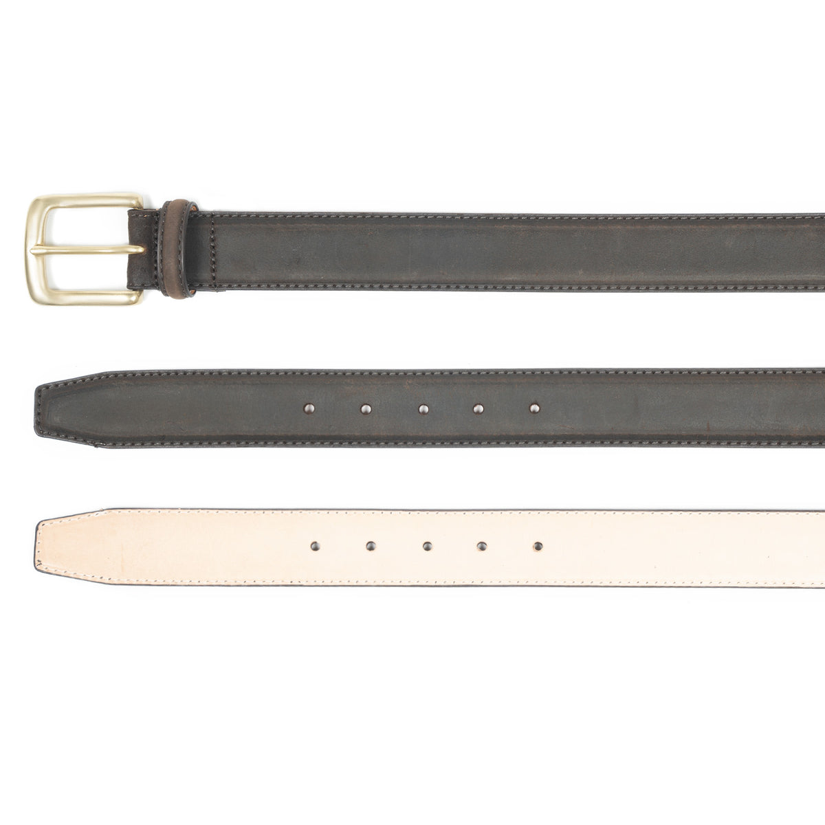 Meermin brown waxy calf belt, three views: buckle, front strap with holes, and natural leather lining