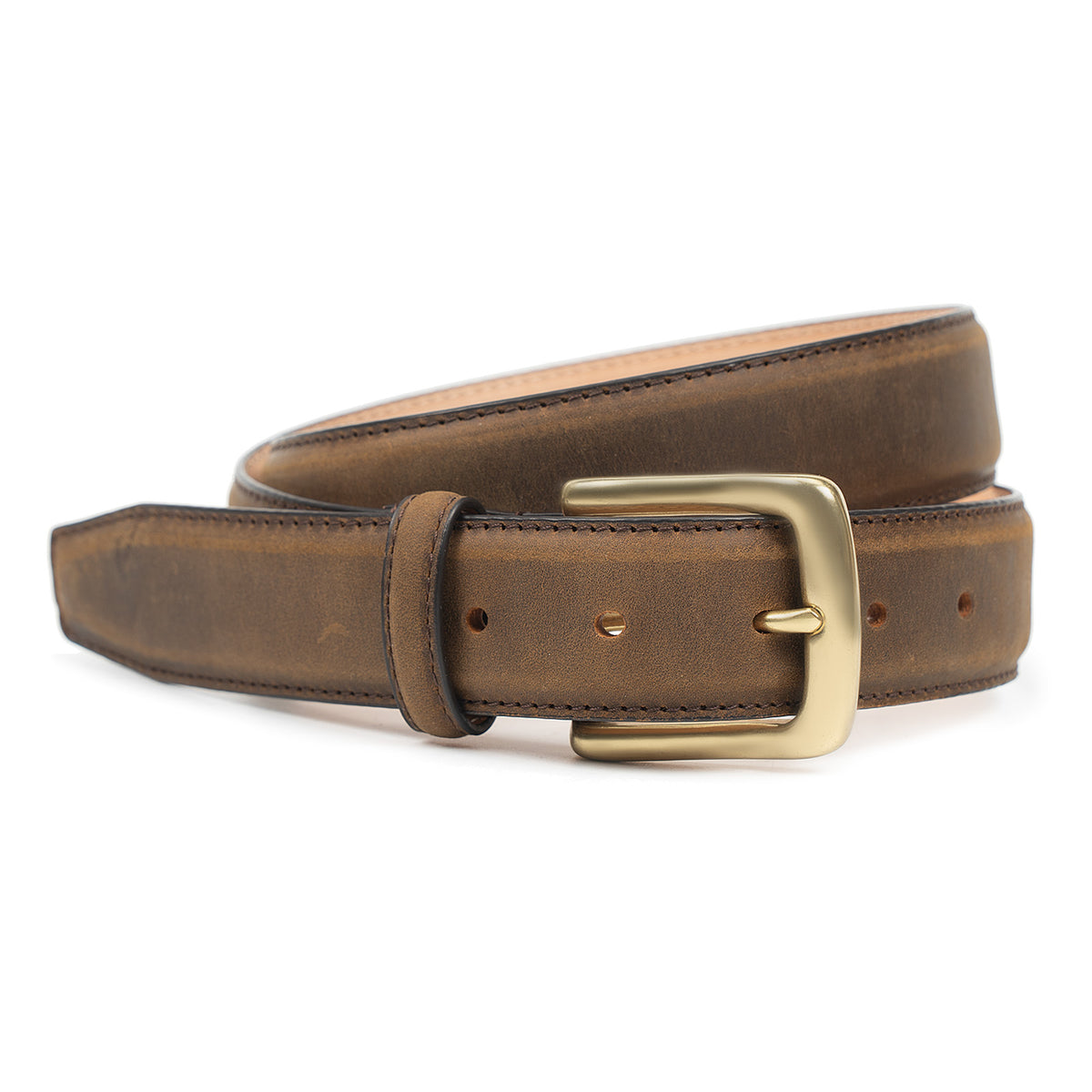 Meermin tobacco waxy calf belt, coiled to show solid brass buckle and stitched edge detail