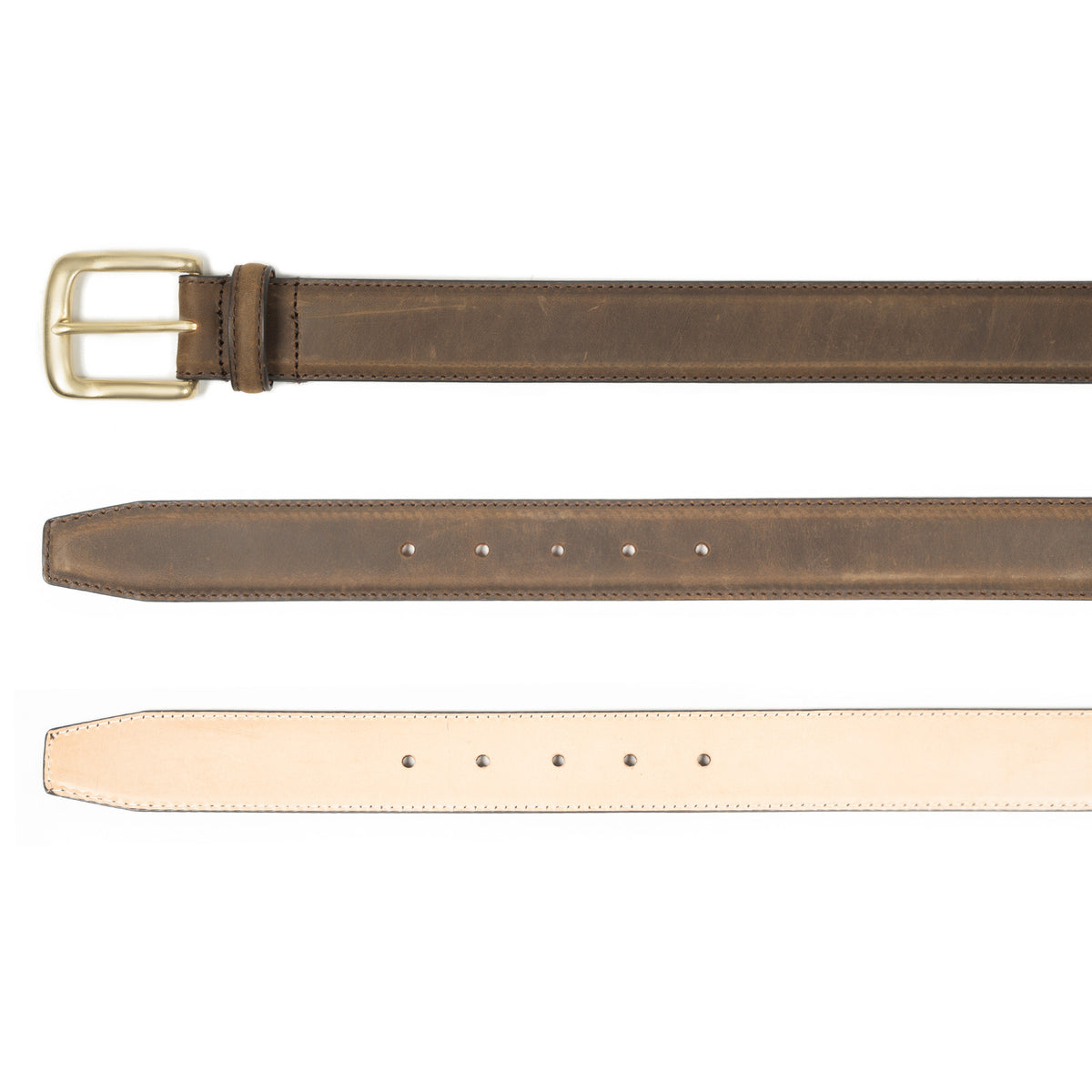 Meermin tobacco waxy calf belt, three-way comparison showing buckle end, exterior grain, and vegetable-tanned leather lining