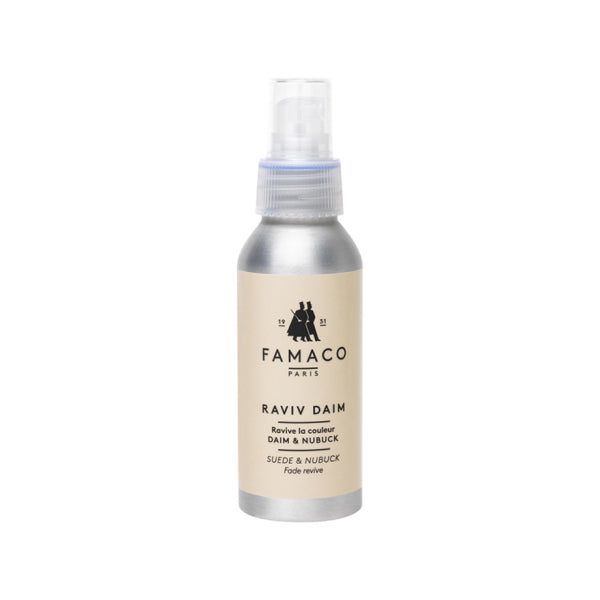 Famaco Raviv Daim suede cleaner spray bottle, front view showing label and nozzle, on white background