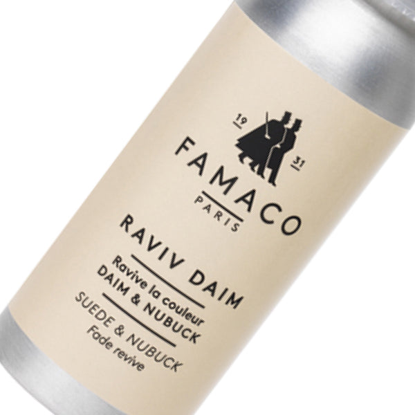 Close-up angled shot of Famaco Raviv Daim suede and nubuck cleaner spray can, showing label text and logo detail