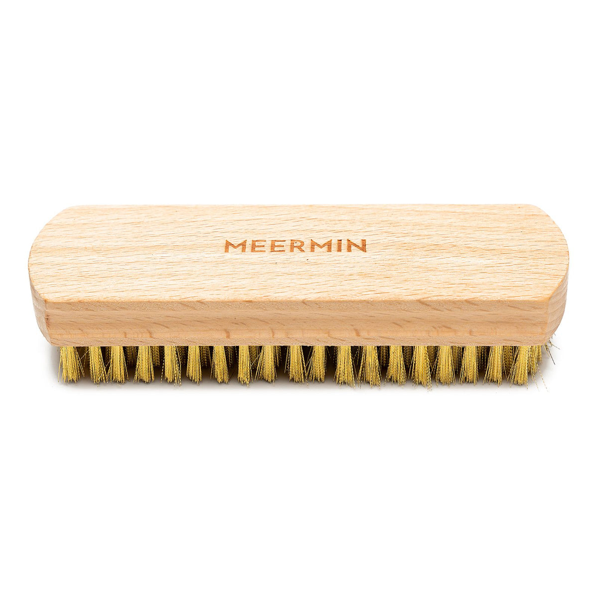 Meermin suede brush, front view showing brass bristles and beechwood block with engraved logo