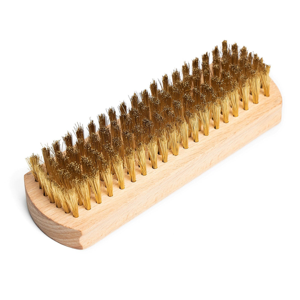 Meermin suede brush, close-up angled view showing brass bristle rows set in natural beechwood block
