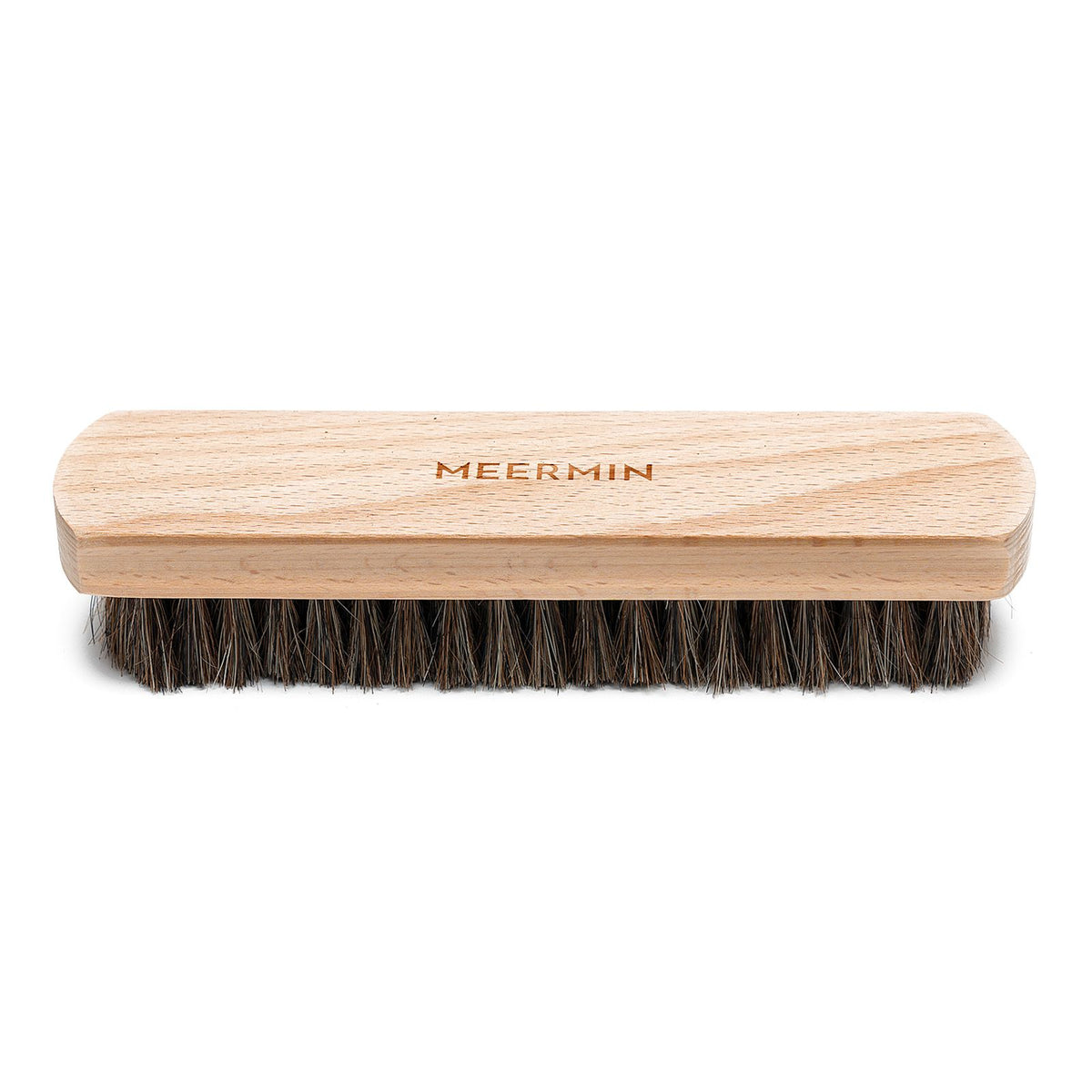 Meermin large shoe brush, front view showing beechwood block with embossed logo and dense horsehair bristles
