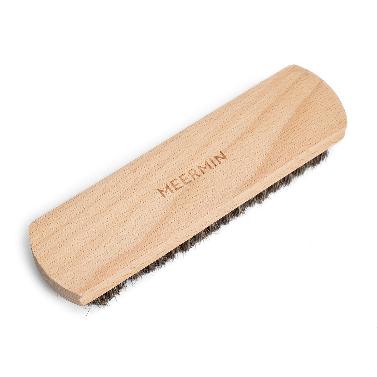 Meermin large beechwood shoe brush, diagonal close-up showing genuine horsehair bristles and embossed logo on the handle
