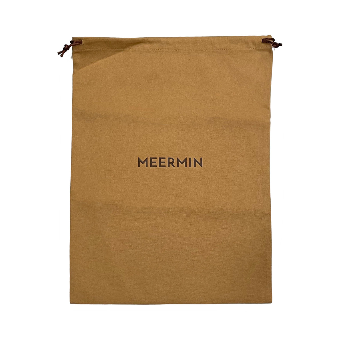 Tan cotton drawstring dust bag with Meermin logo printed at center, full front view flat on white background