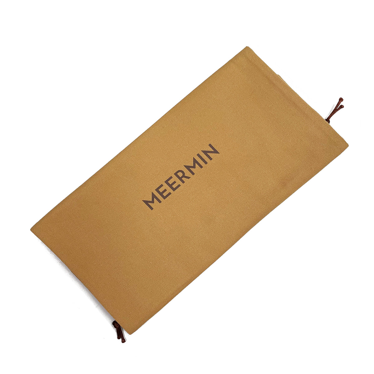Meermin tan cotton dust bag with drawstring closure, shown flat with logo printed diagonally across the front