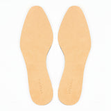 Meermin full grain calf insoles, top-down view of both pairs showing smooth beige leather surface and embossed branding