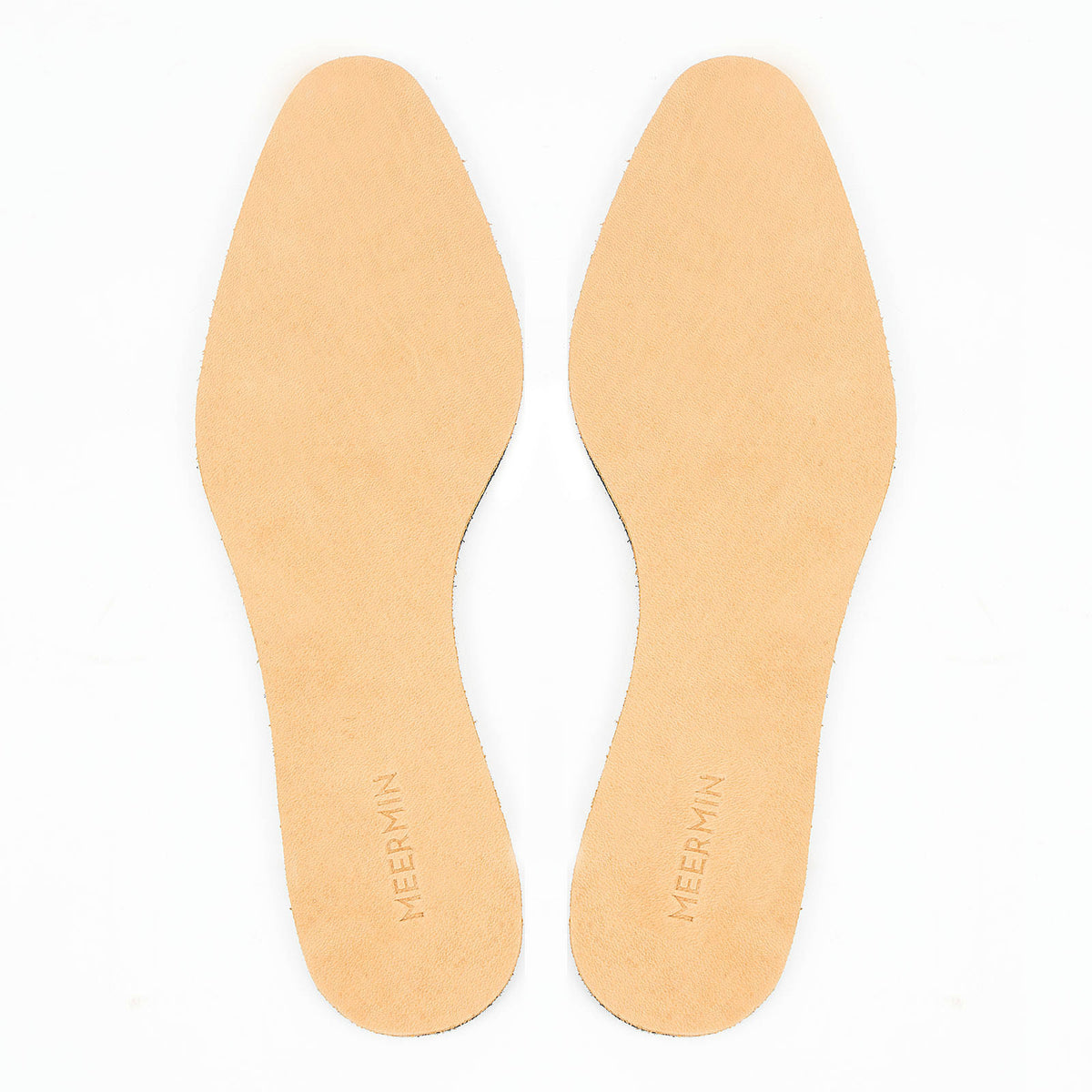 Meermin full grain calf insoles, top-down view of both pairs showing beige leather surface and toe-to-heel shape