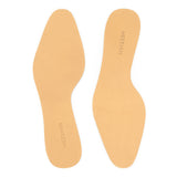 Top-down view of a Meermin full grain calf insole pair, showing the smooth beige leather surface embossed with the brand name