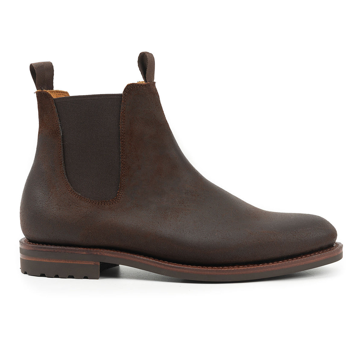 Meermin brown waxy commander suede Chelsea boot, side profile showing elastic gusset, lug outsole and pull tabs