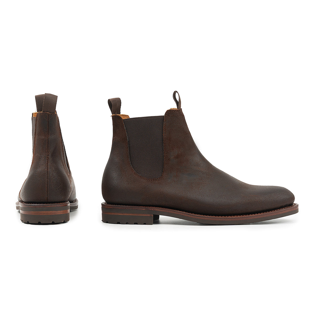 Meermin rust waxy commander Chelsea boots, side profile and rear heel view showing pull tabs and lug outsole