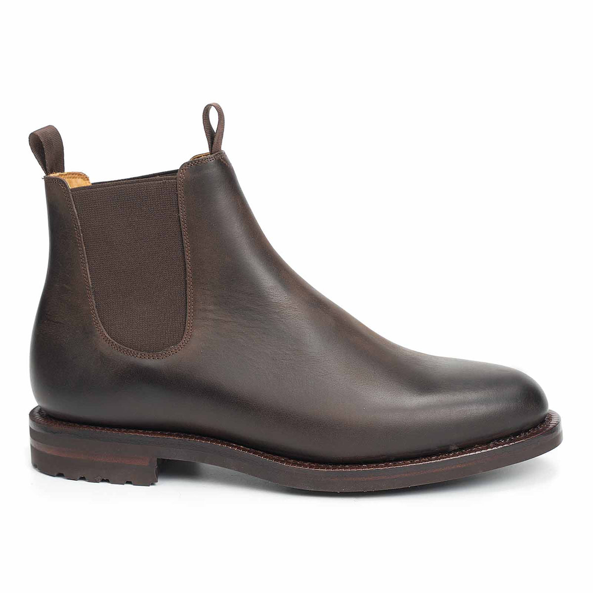 Meermin brown waxy calf wholecut Chelsea boot, side profile showing elastic gusset and lug outsole