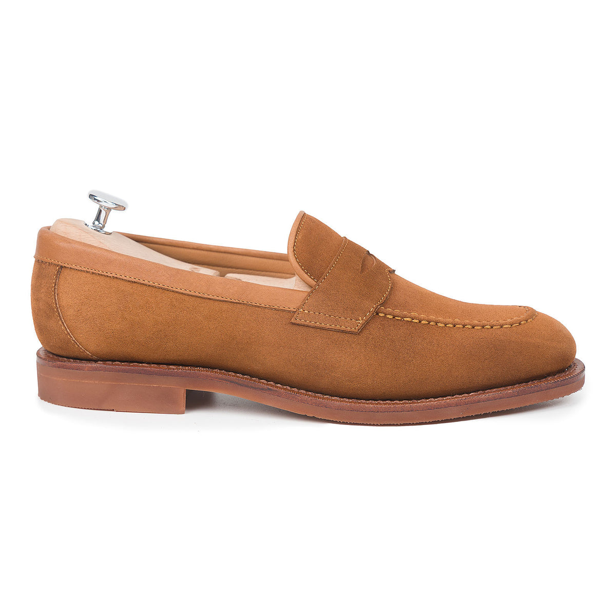 Meermin copper Alicante suede penny loafer, side profile on a shoe tree, showing the diamond latex rubber sole and stacked heel