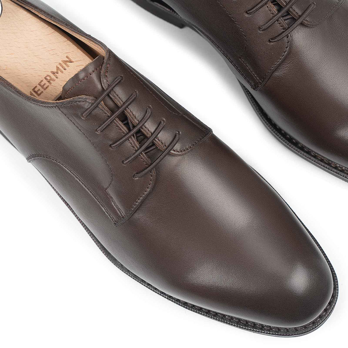 Meermin brown silkcalf plain toe blucher, close-up on lace panel and toe caps showing smooth leather grain and stitching