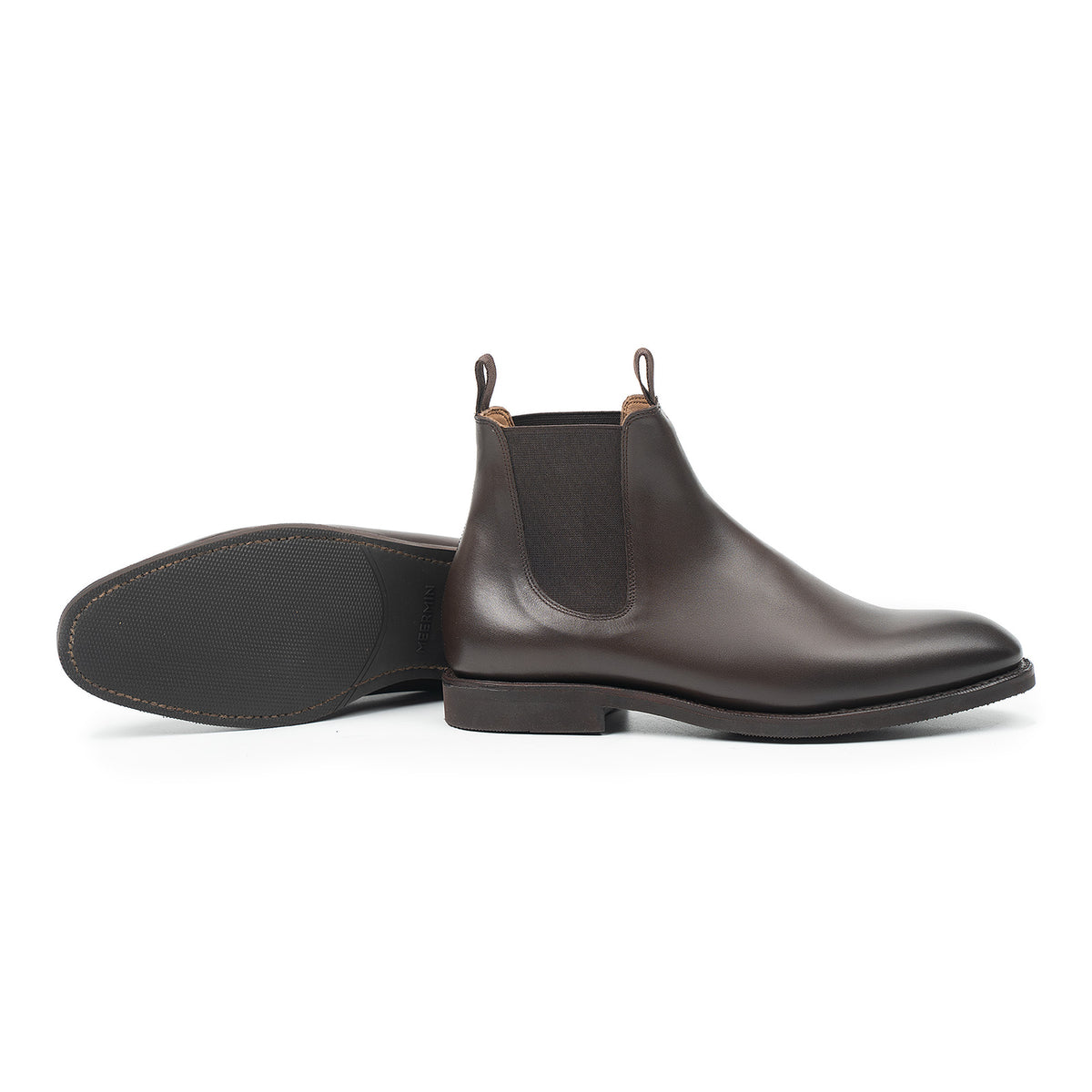 Meermin brown silkcalf Chelsea boot, side profile paired with sole view showing diamond latex rubber outsole