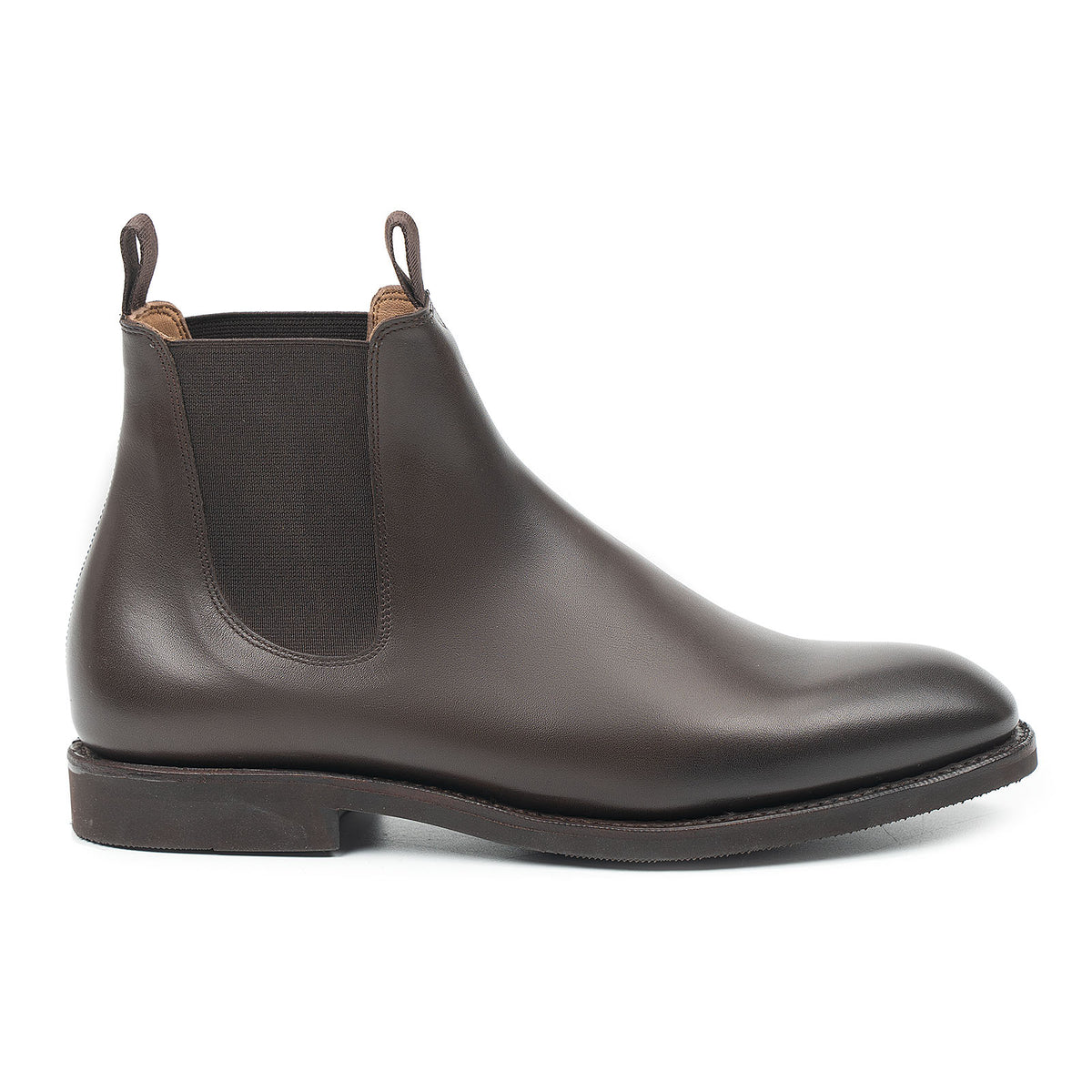 Meermin brown silkcalf Chelsea boot, side profile showing elastic gores, pull tabs, and diamond latex rubber sole