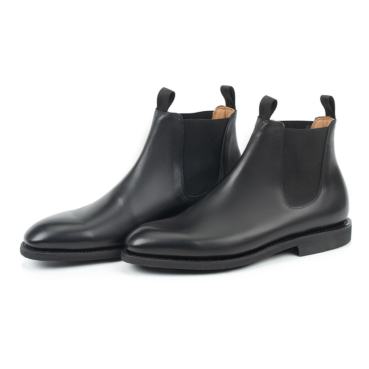 Meermin black silkcalf Chelsea boots, front three-quarter view showing wholecut uppers and elastic side panels