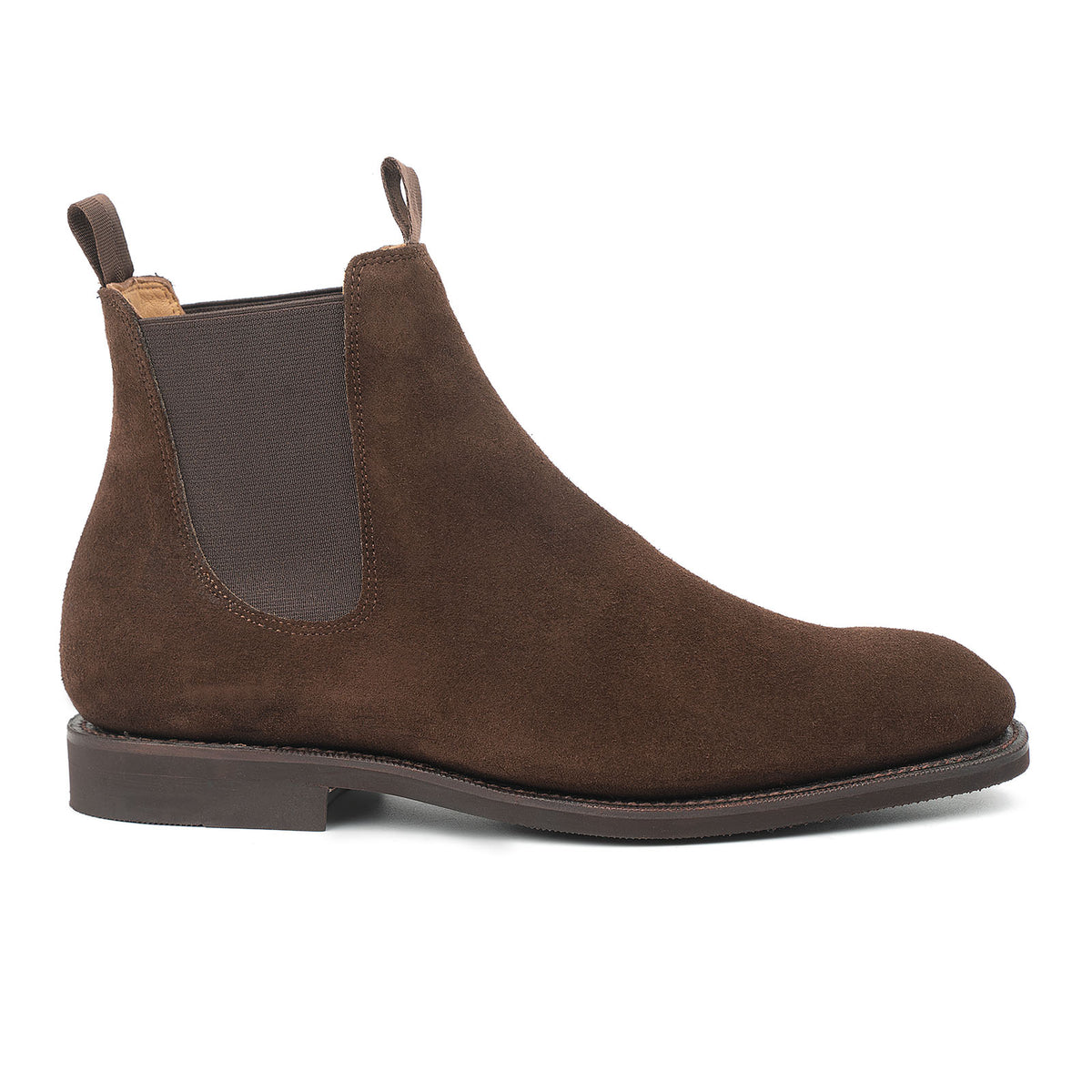 Meermin brown Superbuck suede Chelsea boot, side profile showing elastic gusset, pull tabs, and diamond latex rubber sole