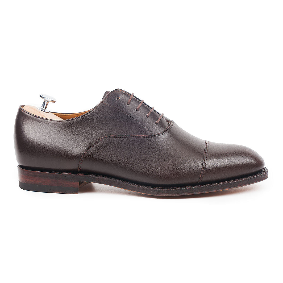 Meermin espresso antique calf cap-toe Oxford, side profile view showing shoe tree and stacked leather sole