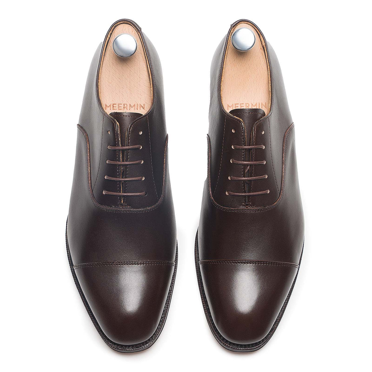 Meermin espresso antique calf cap-toe Oxfords, top-down view of both shoes on shoe trees, showing lace and toe cap detail