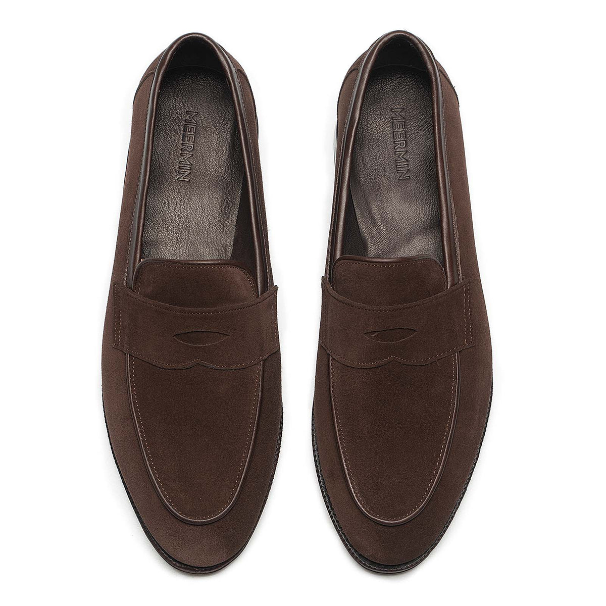 Meermin brown suede penny loafers, top-down view of both shoes showing piped apron and dark leather insoles