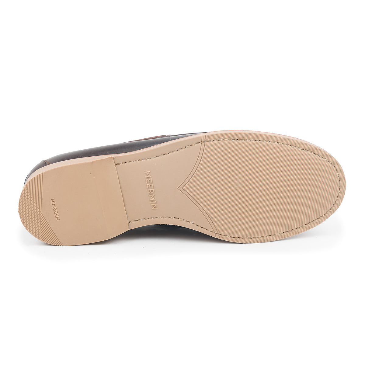 Meermin brown waxy calf loafer, sole view showing taupe City latex sole with flex Goodyear welt construction