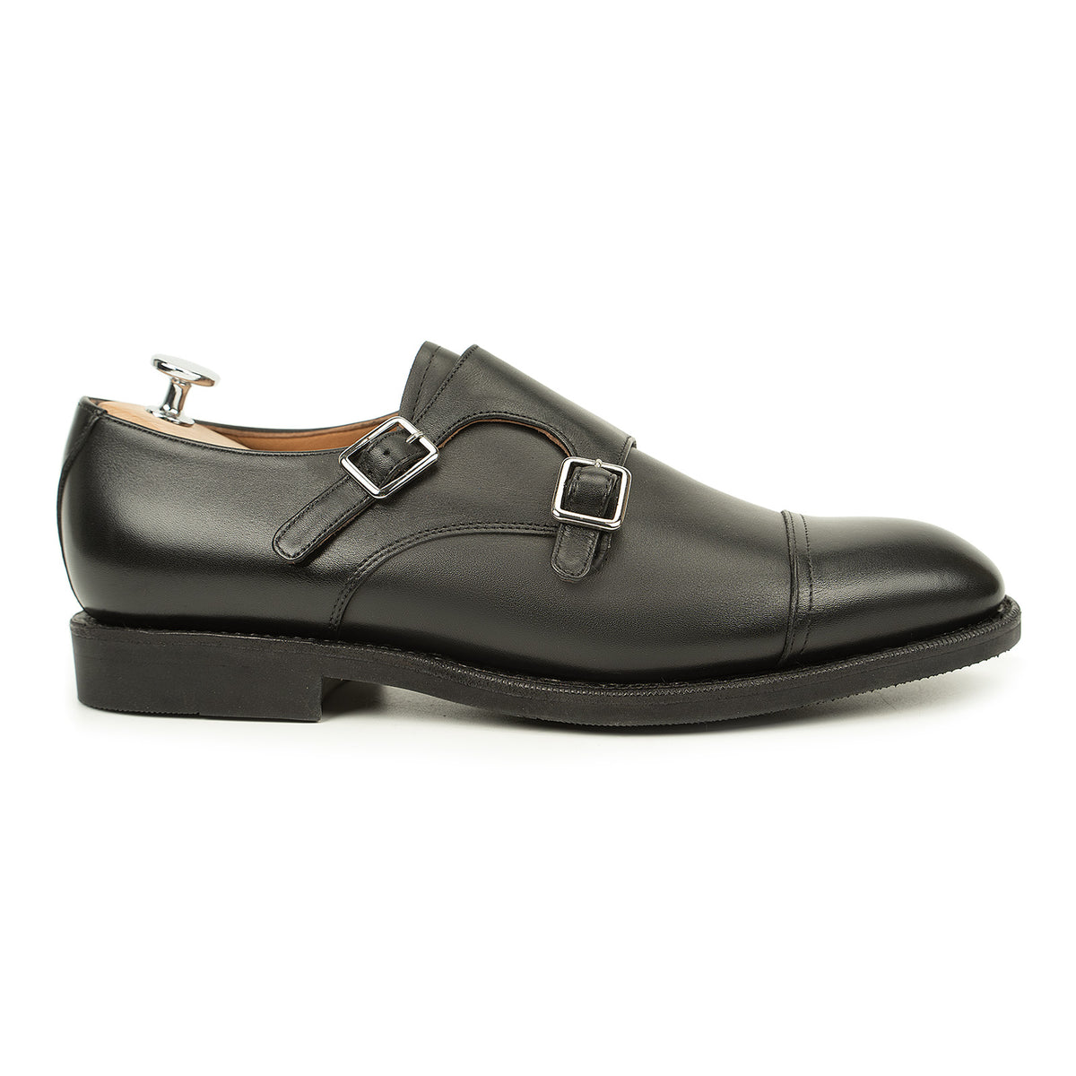 Meermin black silkcalf double monkstrap, side profile view showing cap toe, dual buckles, and diamond latex rubber sole