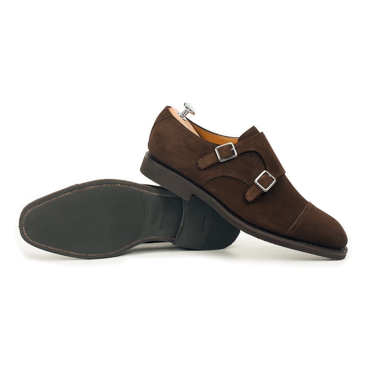 Meermin brown suede double monkstrap, side profile with paired shoe resting sole-up, showing diamond rubber sole and stainless buckles