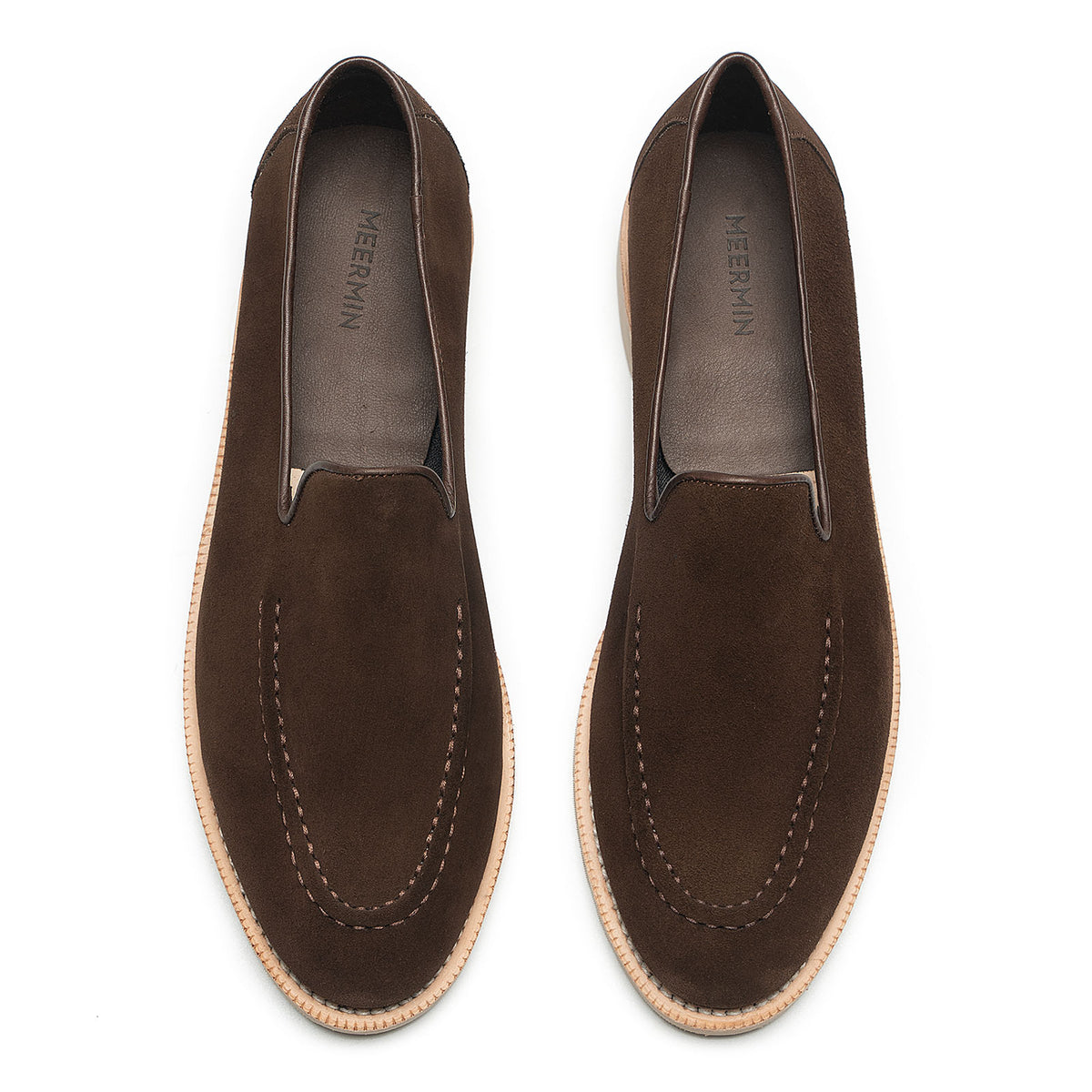 Meermin brown Superbuck suede unlined loafers, top-down view showing apron stitching and taupe contrast soles