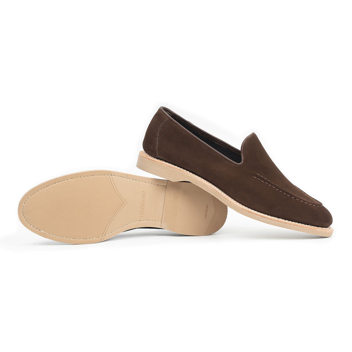 Meermin brown Superbuck suede unlined loafer, side profile with paired sole showing taupe City rubber sole and stacked heel