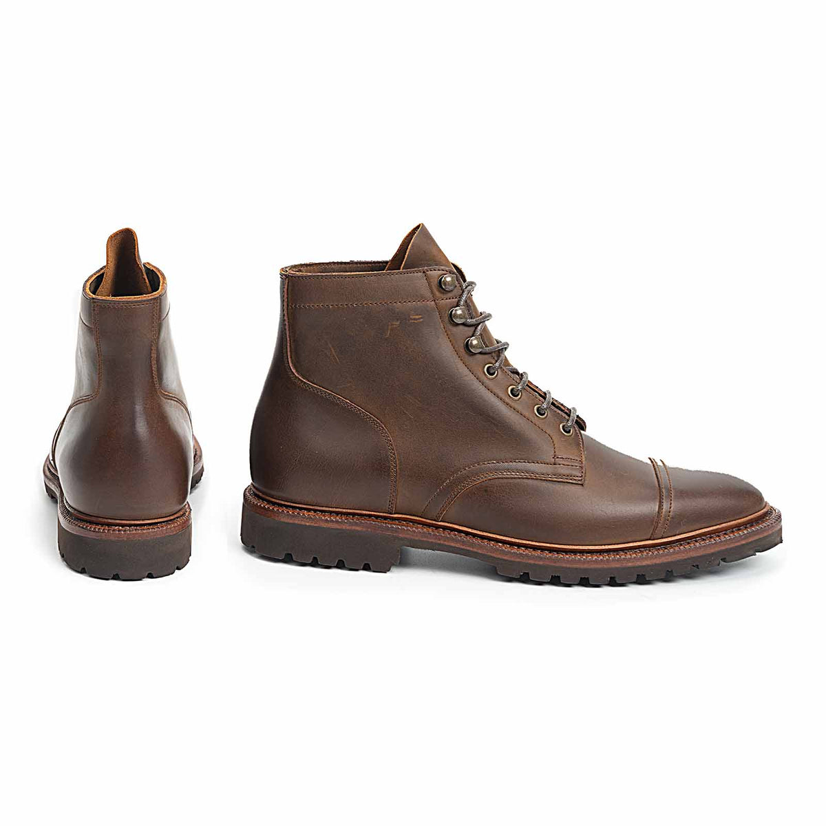 Meermin tobacco waxy calf cap-toe boots, rear and side profile views showing lugged rubber sole and derby lacing