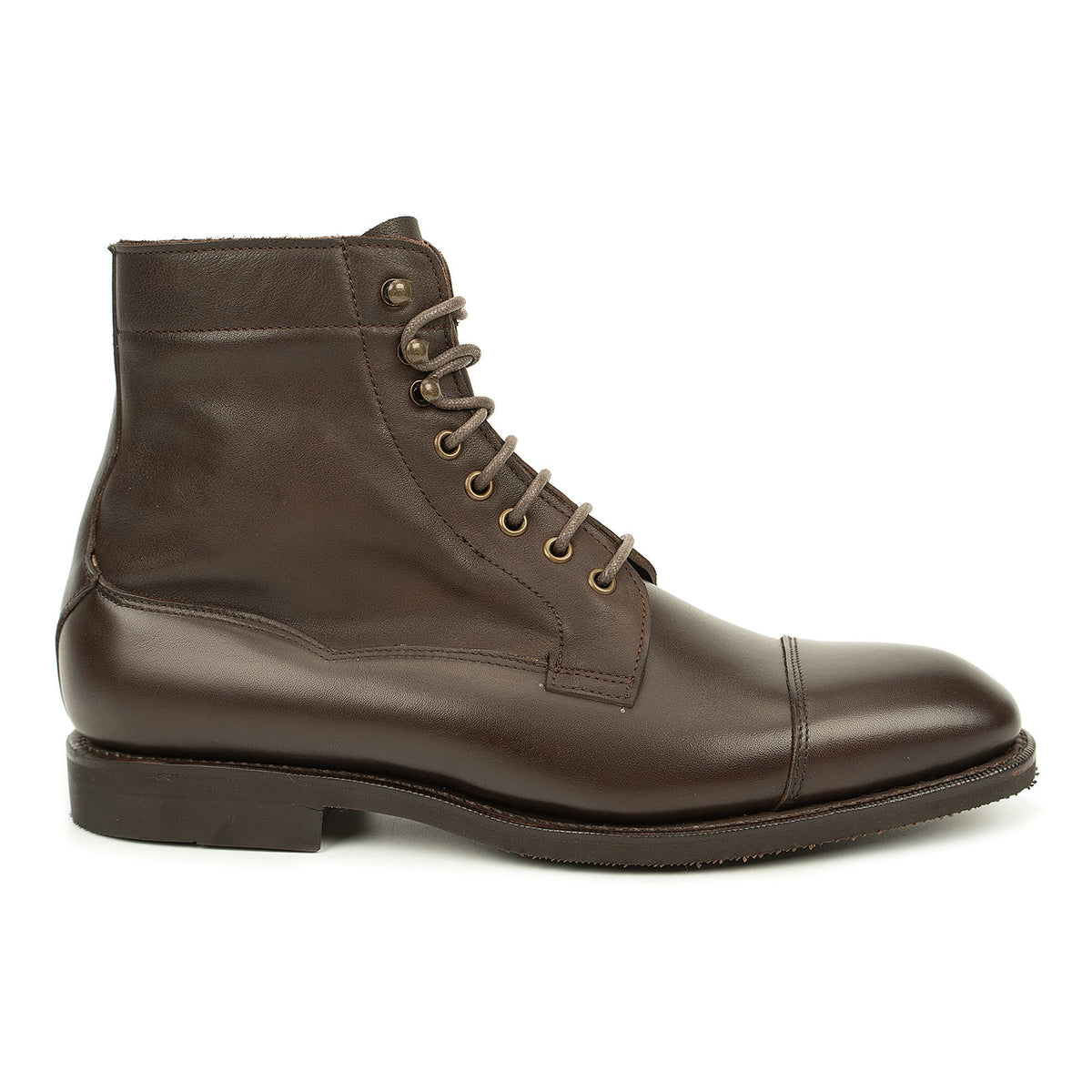 Meermin brown boxcalf cap-toe boot, side profile showing softcalf shaft, lace-up front, and diamond latex rubber sole