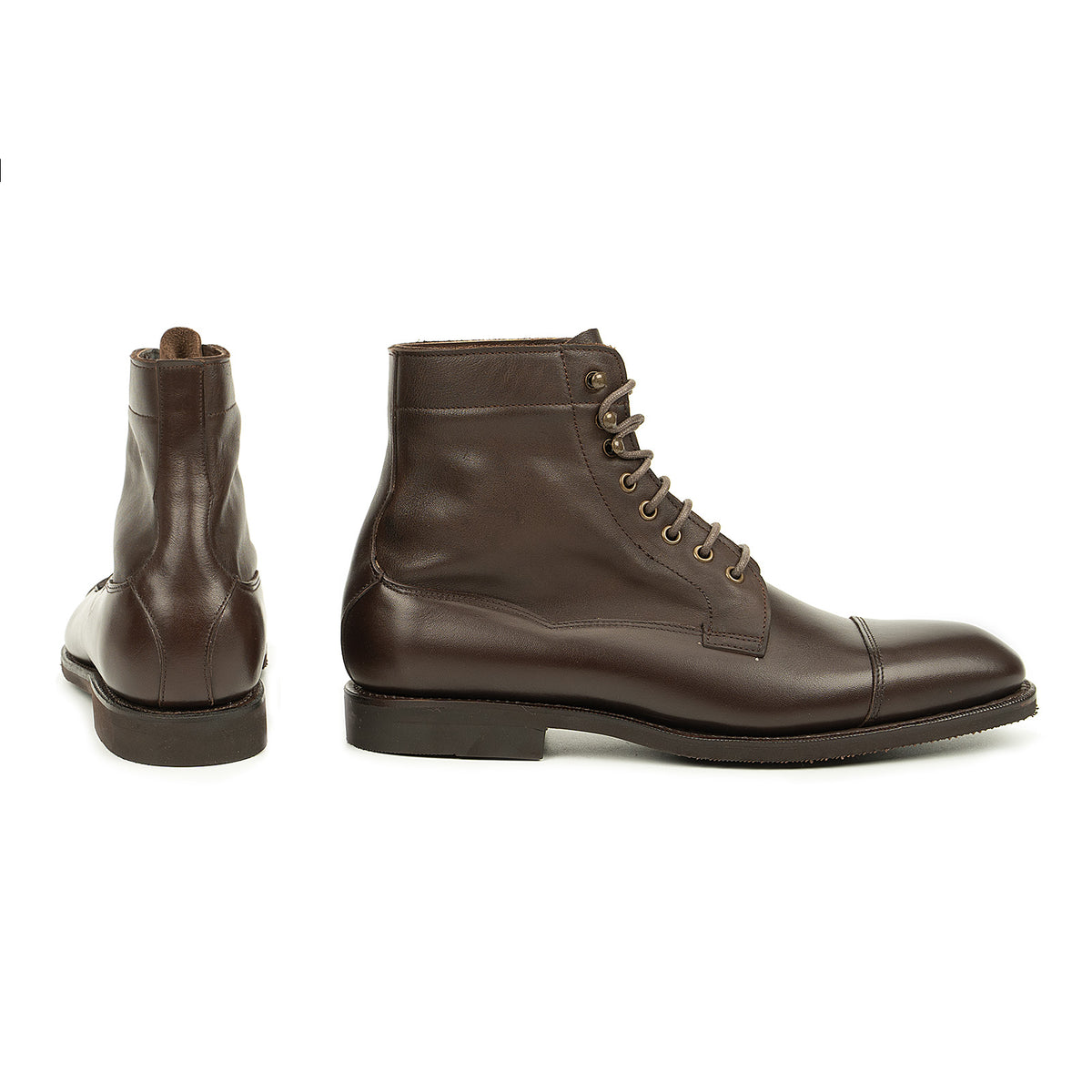 Meermin brown boxcalf cap-toe lace-up boots, paired view showing side profile and heel/back angle