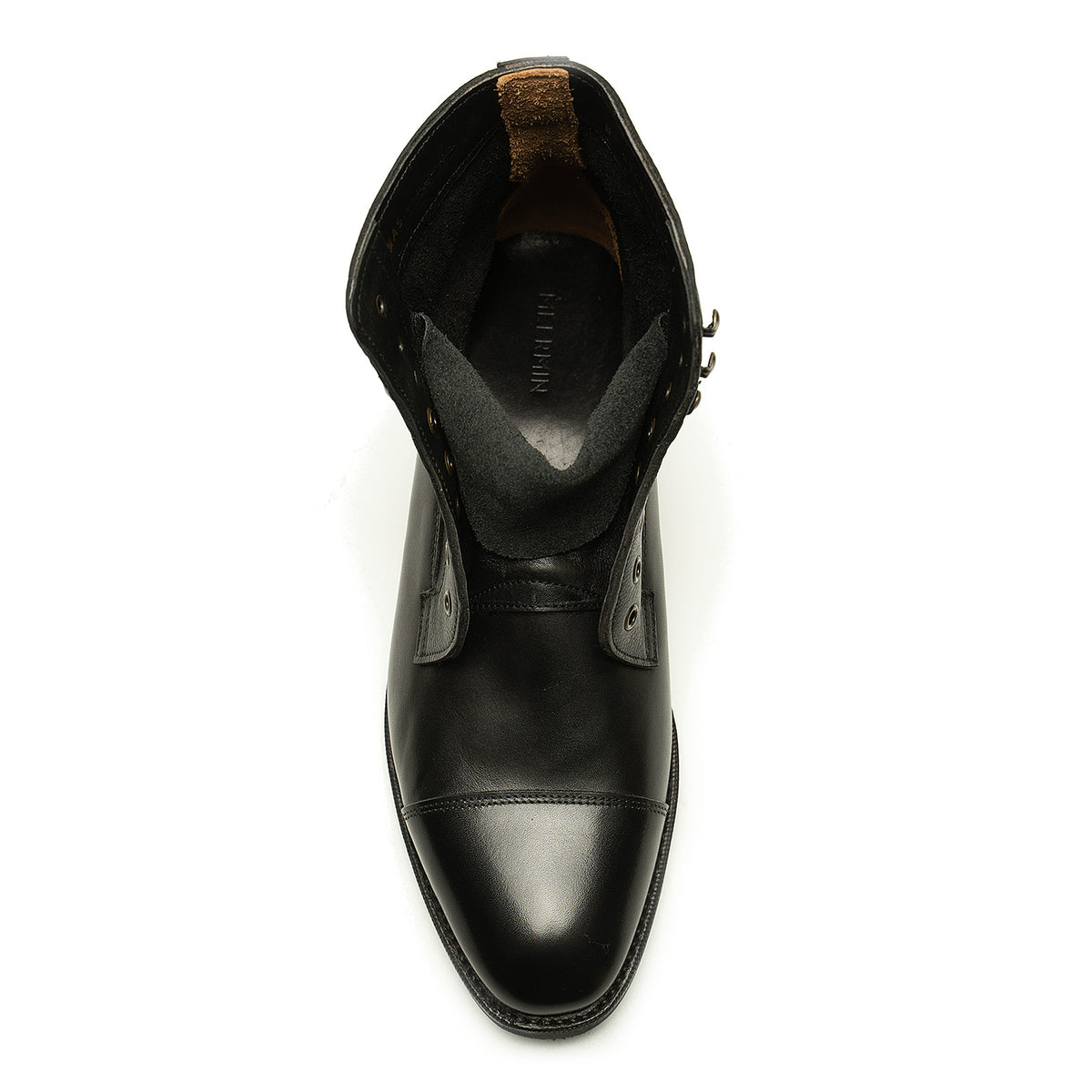 Meermin black boxcalf boot, top-down view showing open shaft, softcalf lining, and cap-toe vamp detail
