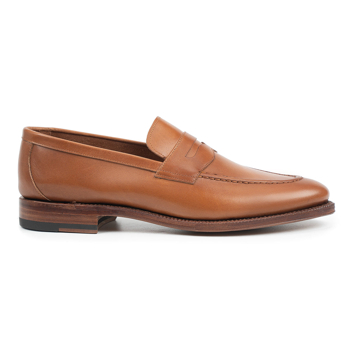 Meermin tan antique calf penny loafer, side profile view showing the round toe, flat welt, and close-channel leather sole